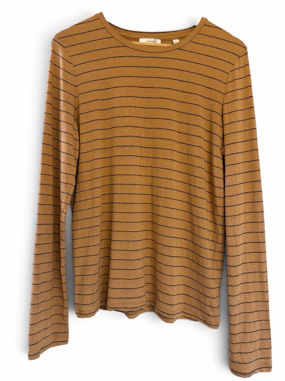 Vince Womens Ready to Work Striped Crewneck Long Sleeve Tee - Tan and Black